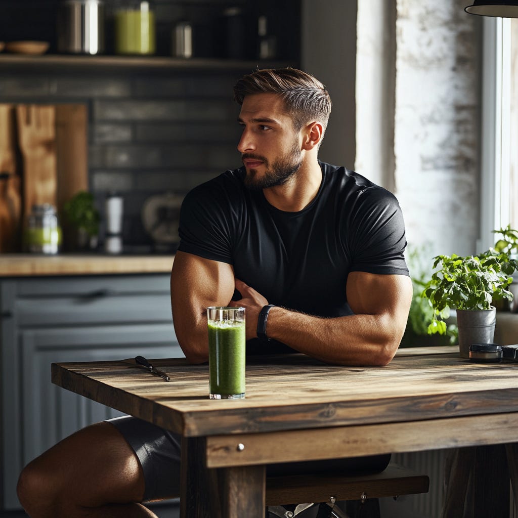 Fit male athlete enjoying a vegan protein shake in the kitchen.