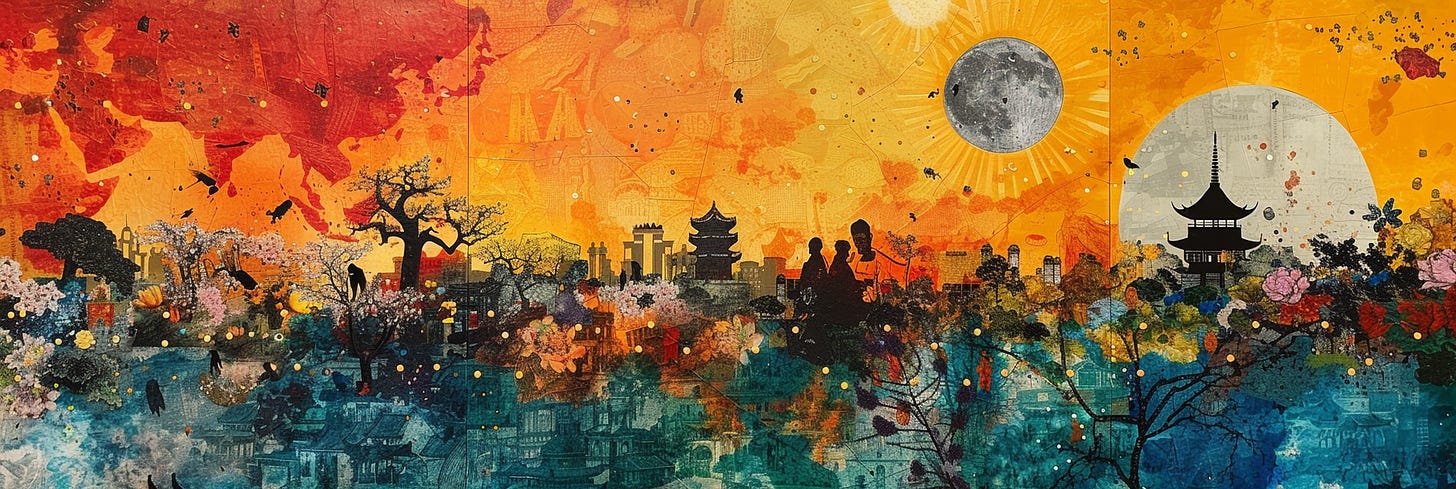 The canvas is a fusion of color and culture, where the day meets the night in a celebration of Chinese heritage. The left half bathes in the warmth of a sunset with reds and oranges splashed across the sky, as silhouetted figures and traditional buildings stand against a backdrop of blooming trees. Moving rightward, the scene transitions to a cooler night, with the moon casting its glow on the landscape. Here, the vibrant flora continues, but now under the serene silver of moonlight. The distinct halves are unified by a collage of floral patterns, traditional motifs, and architectural silhouettes, encapsulating the essence of a festive day into a single, continuous moment. The artwork captures the harmonious blend of nature and culture, suggesting a narrative that spans the cycle of a day, rich with history and life.