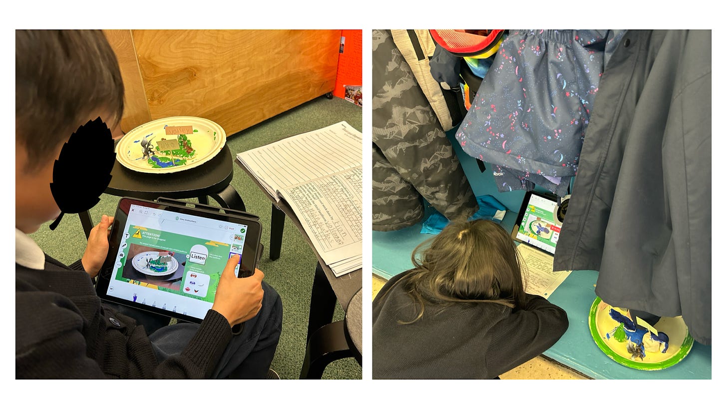 On the left, a picture of a student listening to a recording he made on an iPad. On the right, a student lying down by a coat closet to record something on her iPad.