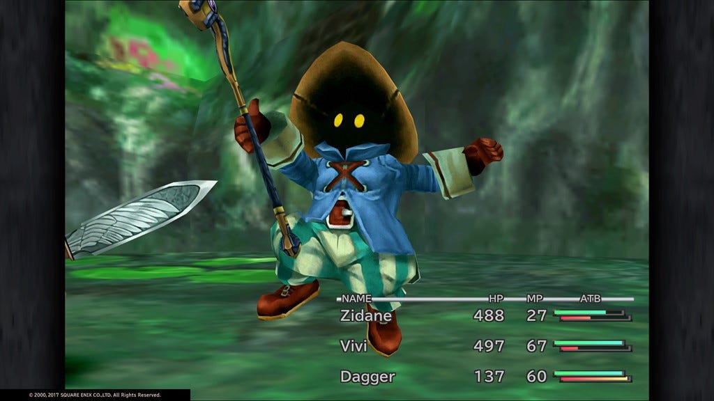 a picture of Vivi, a character from Final Fantasy IX, casting a magic spell mid-battle.