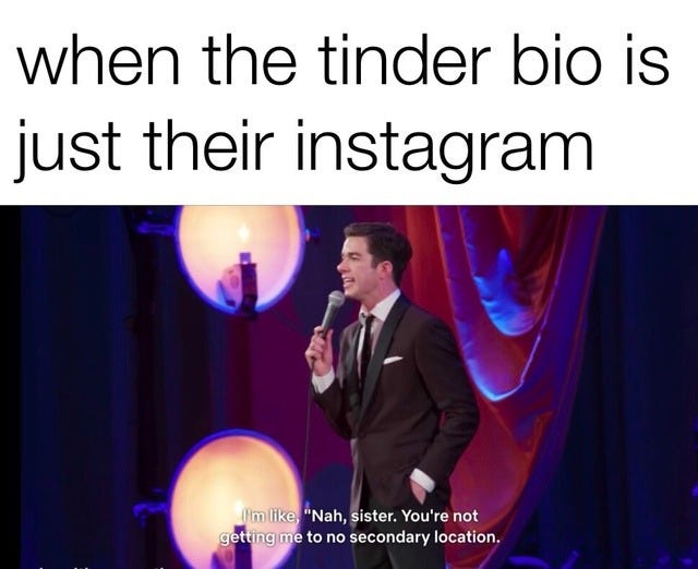 stand up comedian making a joke about tinder bios