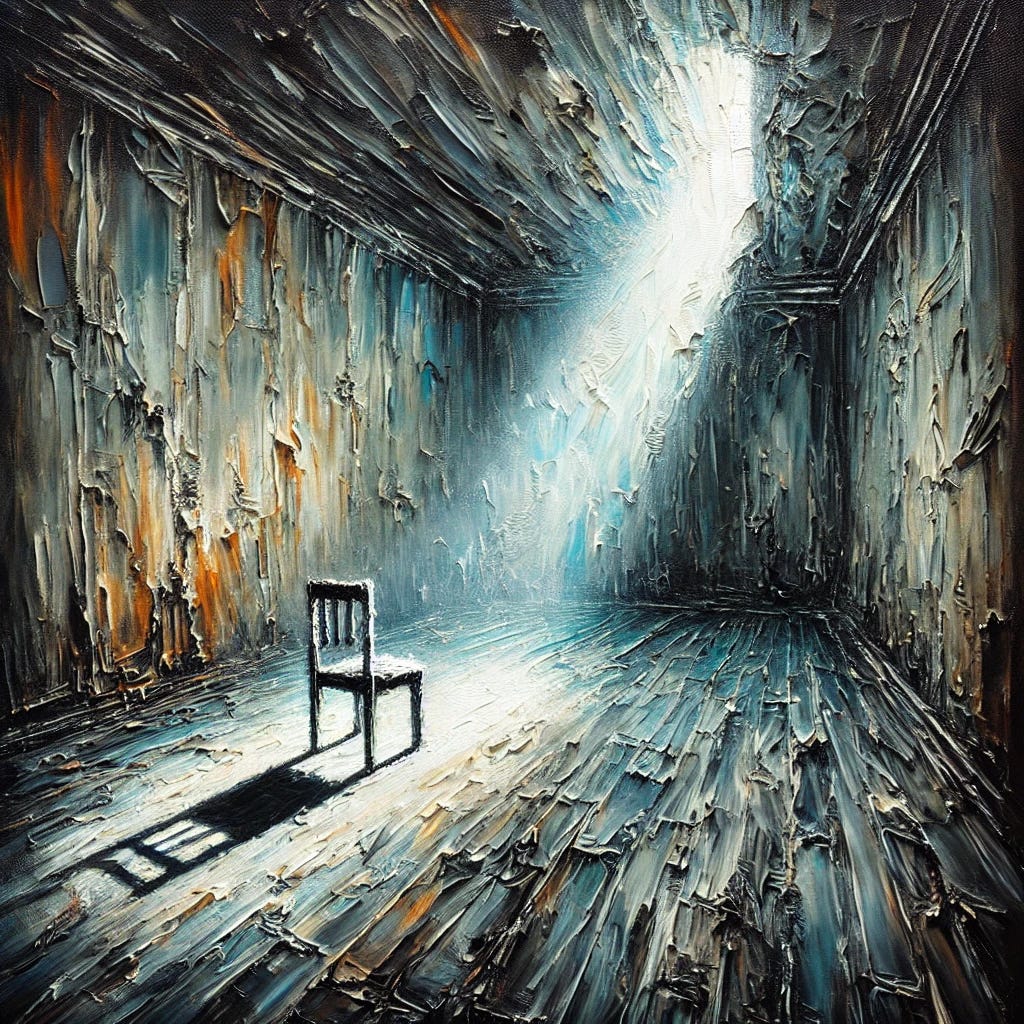 An expressive oil painting of a dimly lit, confined room with a single empty chair under a narrow beam of light. The room is painted in muted, cool-toned colors like dark blues, greys, and greens, with heavy shadows and complex abstract patterns on the floor and walls. In the background, faint, blurry shadowy figures line the walls, symbolizing mental and emotional manipulation. The textures on the floor and walls are jagged and intense, creating an aura of tension and confinement. The light contrasts sharply with dark shadows, symbolizing vulnerability and erosion of self. Painted with heavy, expressive brushstrokes to convey the depth of isolation and psychological control.