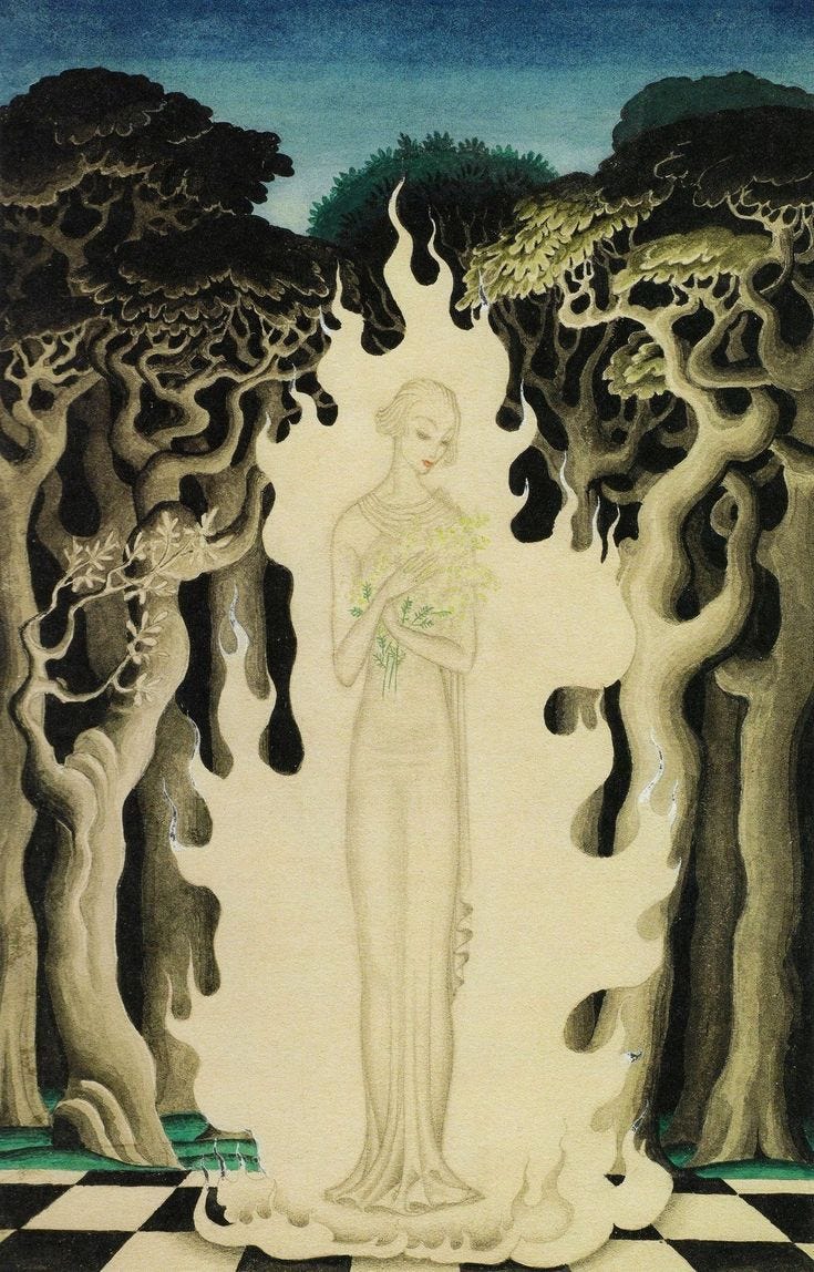 Woman in forest with flame of cream fire around her holding flowers in an art deco vibe