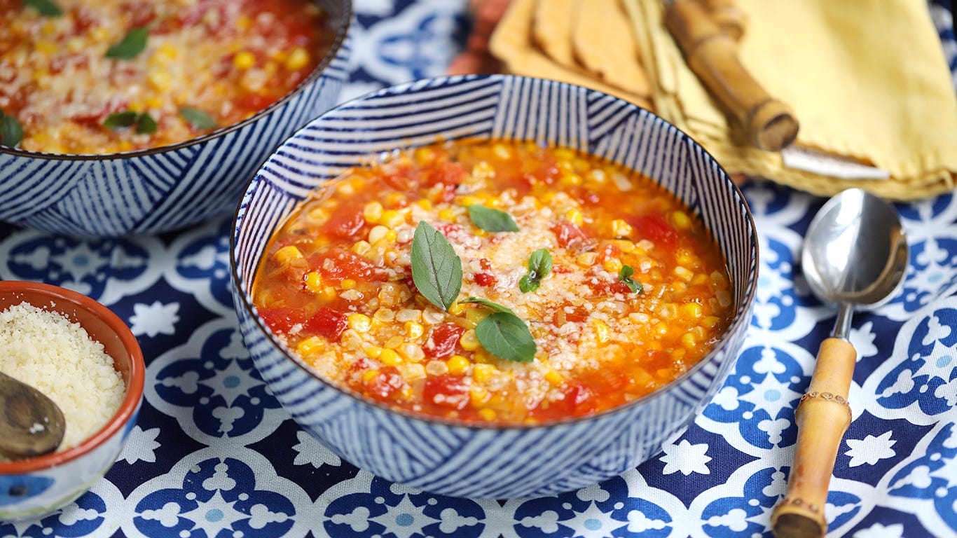 Tomato Corn Chowder with Bacon and Leeks, Cook the Vineyard