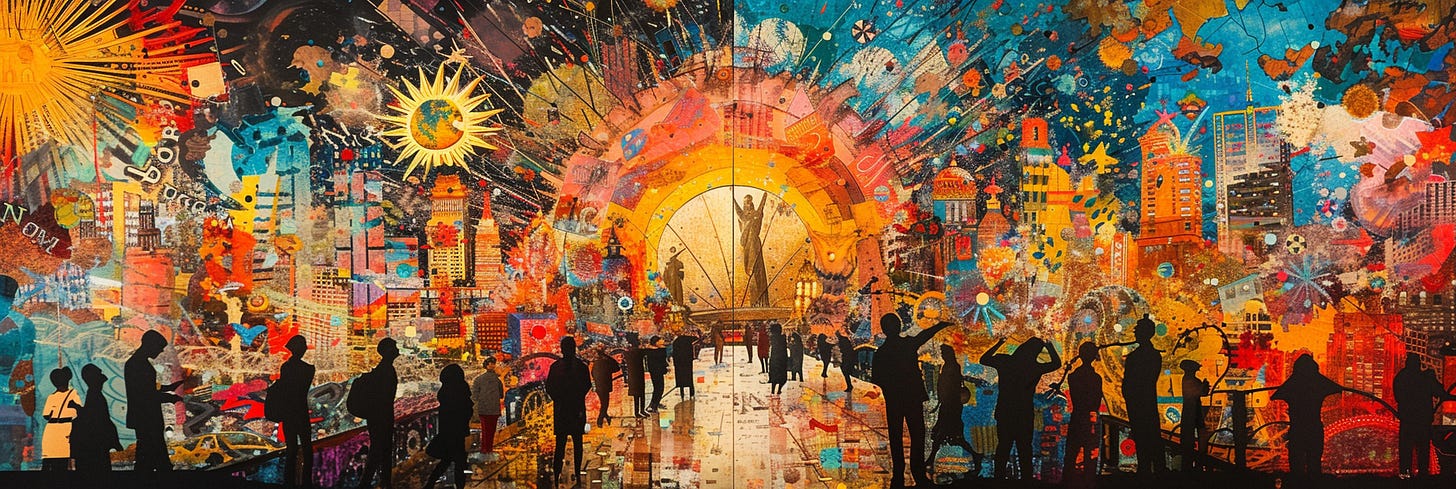 A wide, colorful digital painting featuring silhouetted figures looking towards a vibrant and chaotic blend of historical and futuristic symbols and cityscapes, all emanating from a central radiant sunburst.