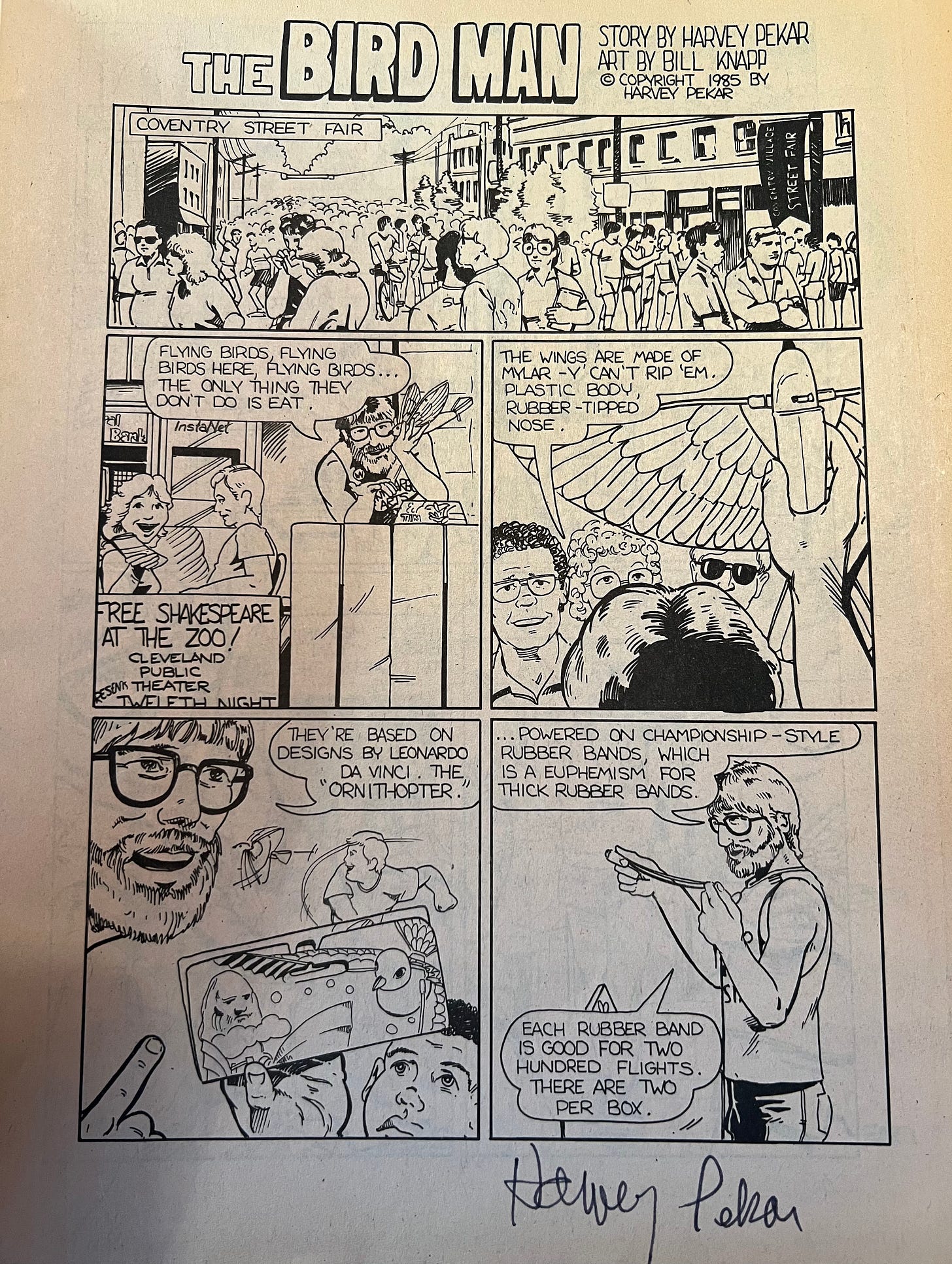 A one page, black and white comic titled The Bird Man, signed at the bottom by the writer, Harvey Pekar