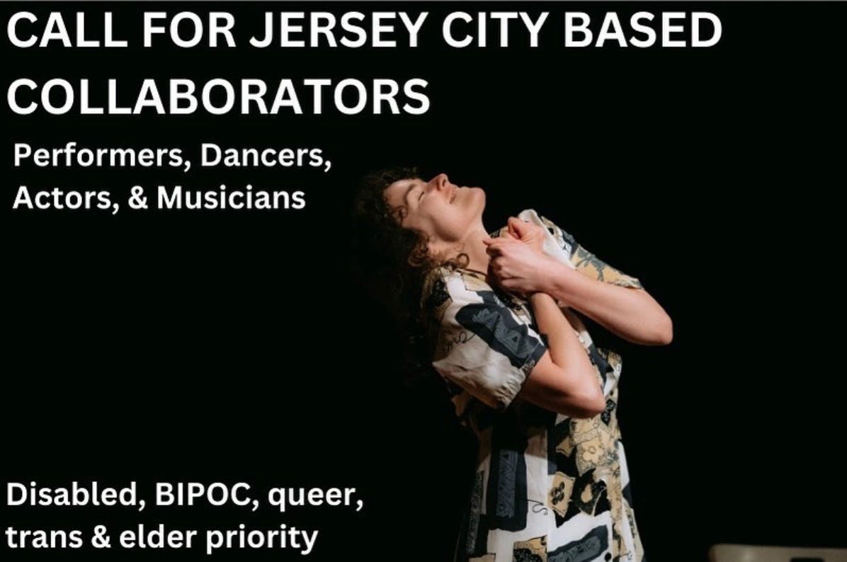 A flyer image has text (below) over the image of a white person mid-performance, hugging their arms close to their chest as they look upward, smiling, eyes closed.