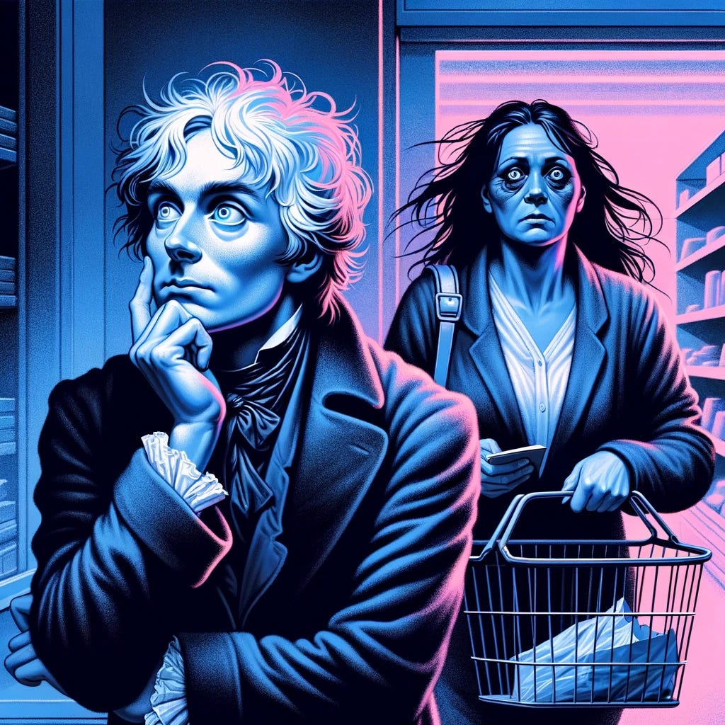 Digital painting in dark blue and bright pink shades. William Blake, depicted as a curious and fascinated individual, is intently observing everything around him in a shop. Beside him, a tired and stressed working mom with dark circles under her eyes is rushing with a shopping basket, eager to finish her errand. The contrast between their expressions and body language is evident, with Blake in wonder and the mom showing signs of impatience.