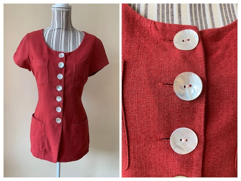Vintage Cotton Linen Button Up Vest Size 36 S, Brick Red Waistcoat for Women, Short Sleeve Blazer, Long Button Front Shirt, Tie Back Top image 1