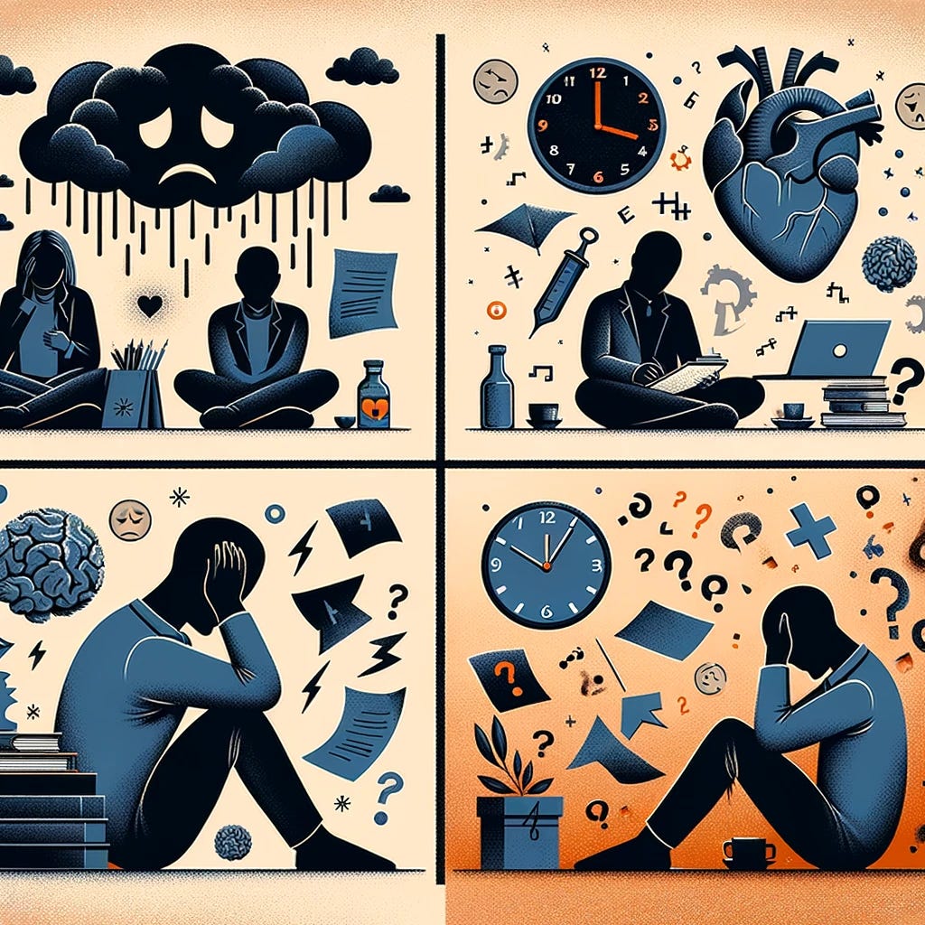 An image divided into four quadrants, each representing a different type of burnout symptom. The top-left quadrant shows a person feeling emotionally overwhelmed, with dark clouds and a heavy heart above their head. The top-right quadrant depicts physical symptoms with a person feeling fatigued, surrounded by symbols of headaches and muscle pain. The bottom-left quadrant illustrates mental symptoms with a person struggling to concentrate, with scattered papers and question marks around them. The bottom-right quadrant shows behavioral symptoms with a person isolating themselves, sitting alone in a corner with a bottle of alcohol and a clock indicating missed time.