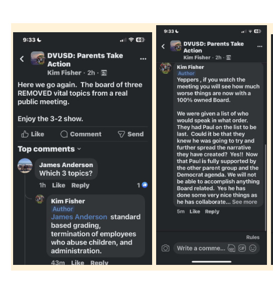 screenshots from Kim Fisher's social media accounts complaining about other board members