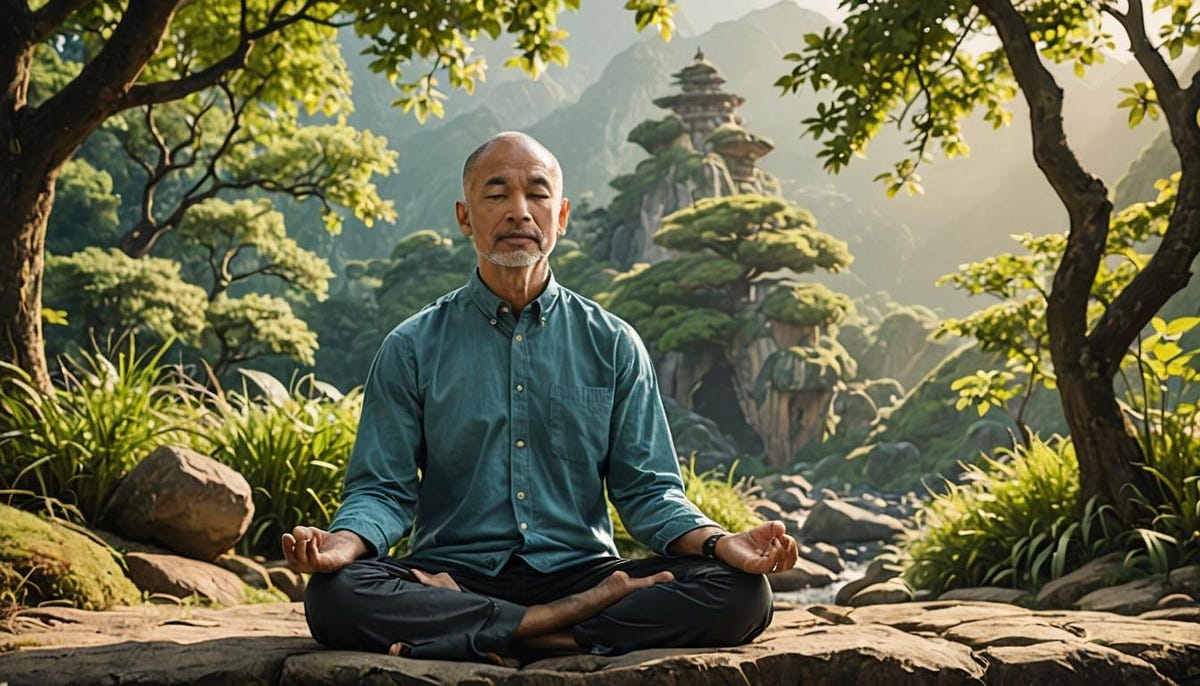 Man in meditation pose, in countryside