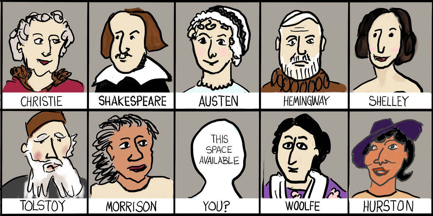 Two rows of authors's heads are displayed. The top row contains Christie, Shakespeare, Austen, Heminway, and Shelley. The bottom row shows Tolstoy, Morrison, outline of a head with the text "This space available" written and with "You?" below the outline, Woolfe, Hurston.