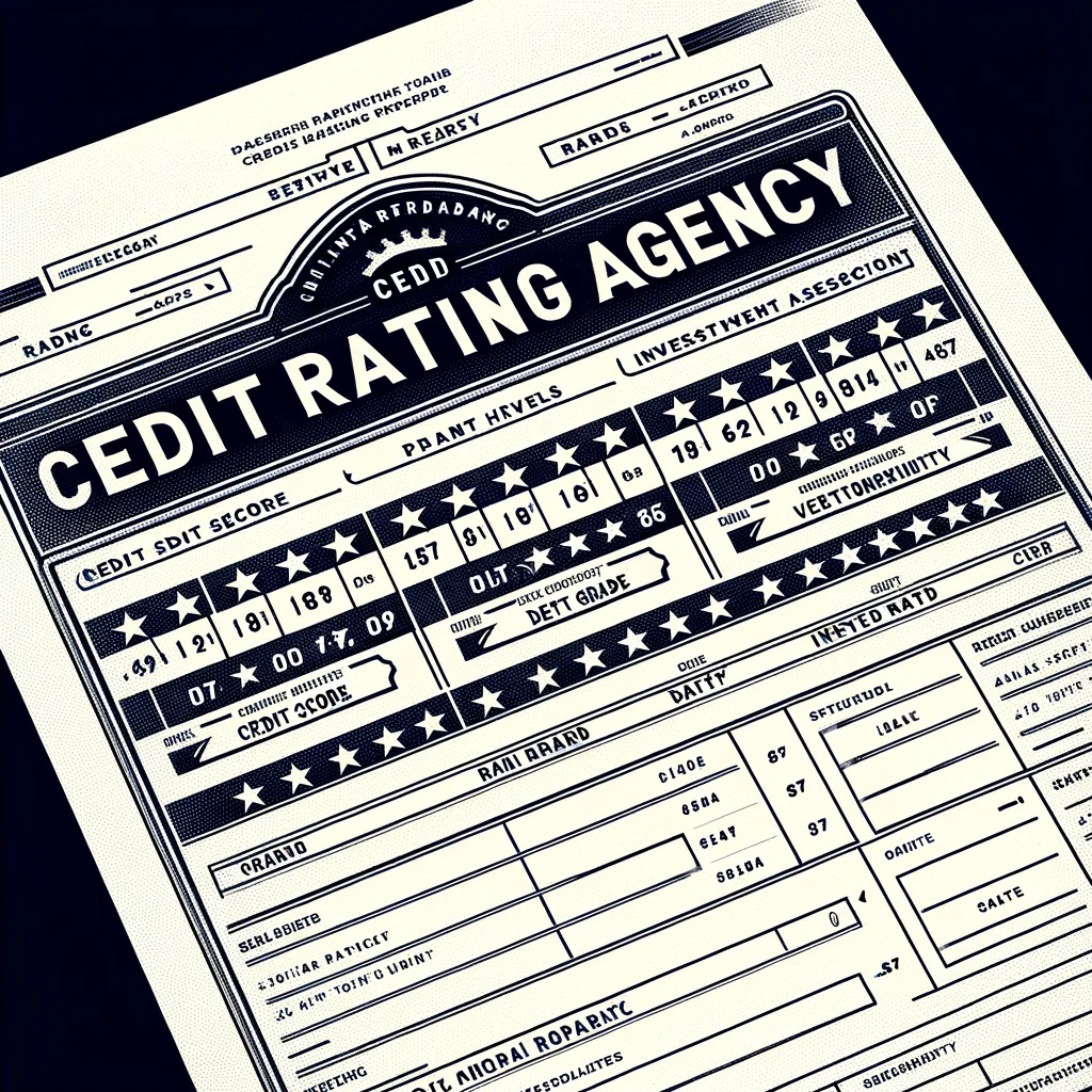 A detailed illustration of a report card with 'Credit Rating Agency' written prominently at the top. The report card should resemble a formal document, including sections for various financial metrics such as credit score, debt levels, payment history, and investment grade. Each section should have placeholders for ratings or scores, without specific numbers, to give a generic look. The design should be professional, with a layout that mimics real credit rating reports, including lines for signatures and dates at the bottom. The overall appearance should suggest accuracy, trustworthiness, and official assessment.