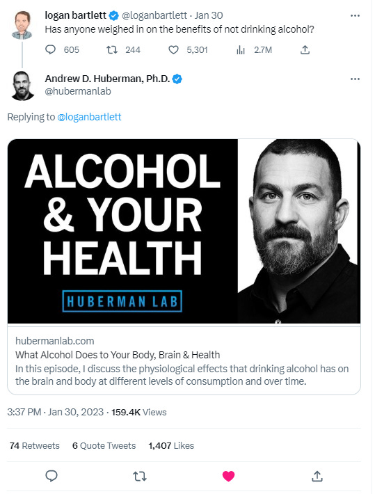 logan bartlett and Andrew Huberman alcohol Twitter exchange