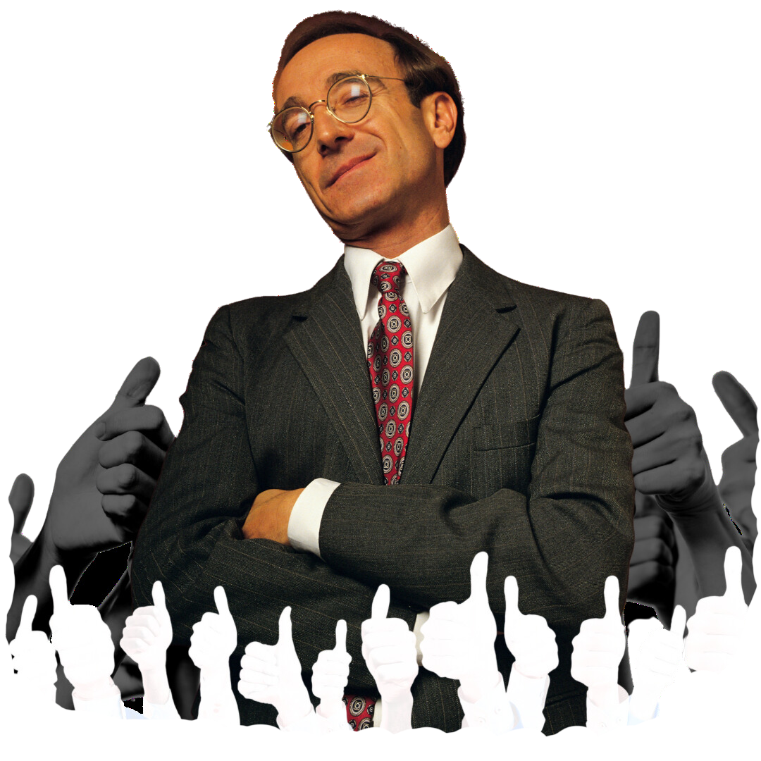 A middle-aged white man wearing wire-rimmed glasses and a business suit stands with his arms folded, his head tilted back to the left, and a smug look on his face. In the foreground are several arms in white silhouette giving a thumbs up. In the background are grays silhouettes of hands giving thumbs up.