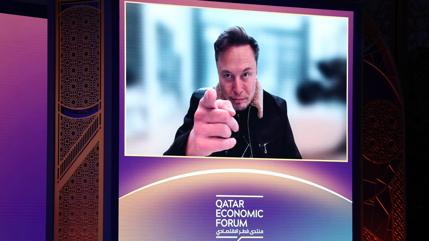Elon Musk, chief executive officer of Tesla Inc., speaks via video link at the Qatar Economic Forum (QEF) in Doha, Qatar, on Tuesday, May 20, 2025. The fifth annual Qatar Economic Forum will gather government and business leaders in Doha to discuss what's driving the global economy. Photographer: Christopher Pike/Bloomberg via Getty Images Elon Musk, chief executive officer of Tesla Inc., speaks via video link at the Qatar Economic Forum (QEF) in Doha, Qatar, on Tuesday, May 20, 2025. The fifth annual Qatar Economic Forum will gather government and business leaders in Doha to discuss what's driving the global economy. Photographer: Christopher Pike/Bloomberg via Getty Images