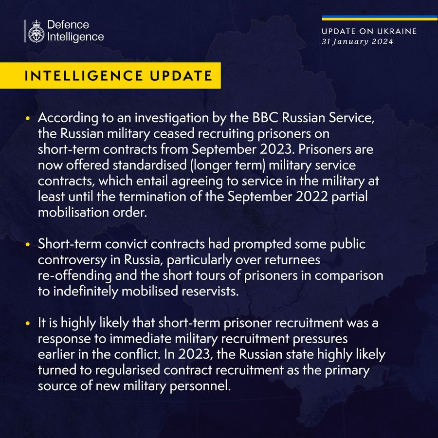 According to an investigation by the BBC Russian Service, the Russian military ceased recruiting prisoners on short-term contracts from September 2023. Prisoners are now offered standardised (longer term) military service contracts, which entail agreeing to service in the military at least until the termination of the September 2022 partial mobilisation order.
 
Short-term convict contracts had prompted some public controversy in Russia, particularly over returnees re-offending and the short tours of prisoners in comparison to indefinitely mobilised reservists.
 
It is highly likely that short-term prisoner recruitment was a response to immediate military recruitment pressures earlier in the conflict. In 2023, the Russian state highly likely turned to regularised contract recruitment as the primary source of new military personnel.