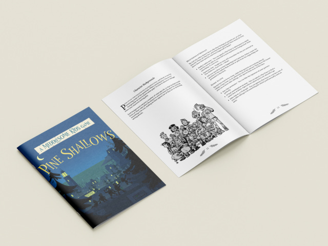 A mockup of the Pines Shallows zine. One closed, showing the cover, another next to it with an example page spread.