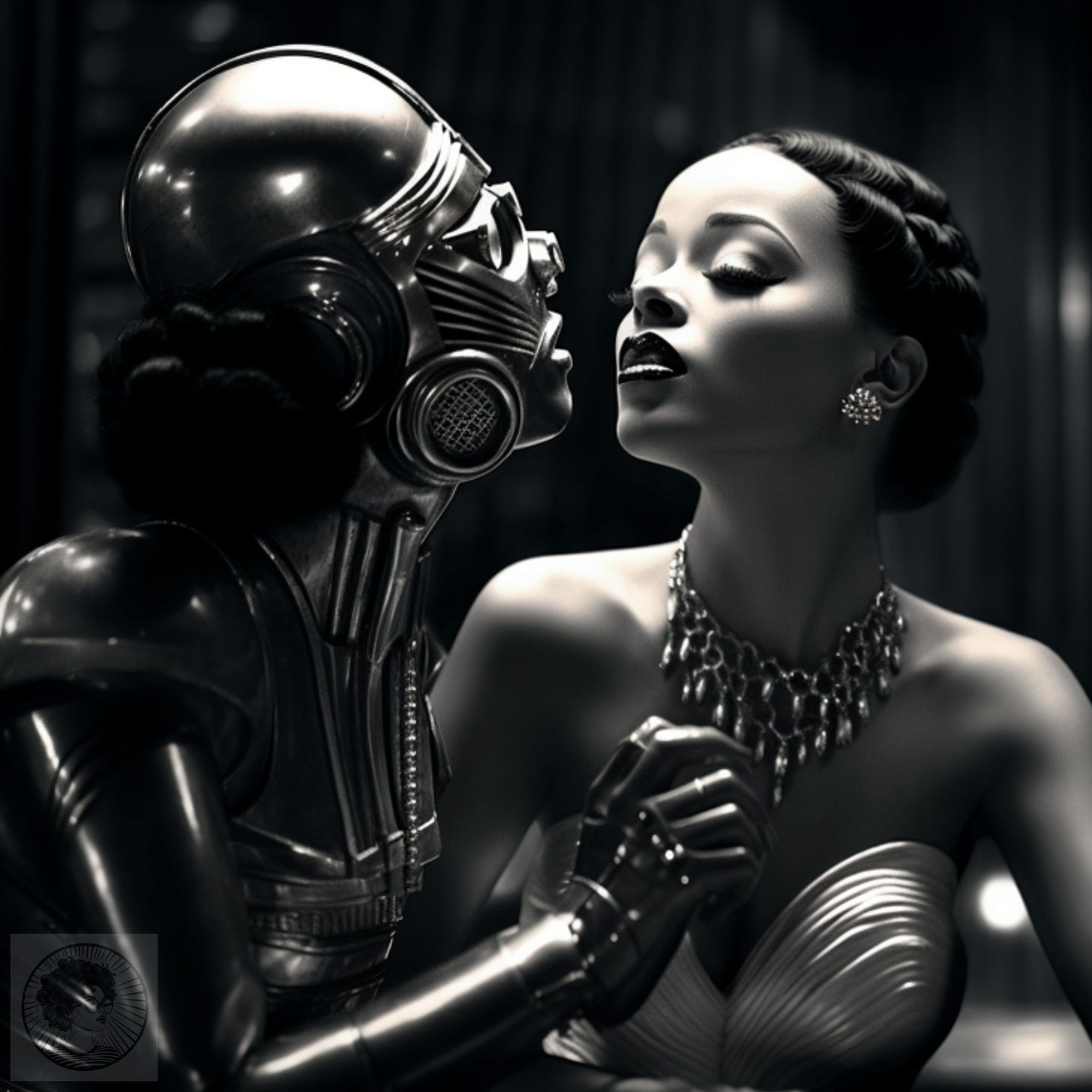 black-and-white photograph of robot and human couple about to kiss, in the style of film noir