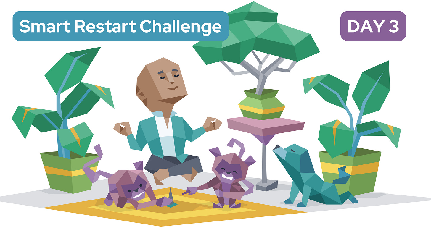 A meditating man hovers above a rug – he’s surrounded by plants and a dog. One monkey places a tack under the man while another laughs. Text reads "Smart Restart Challenge DAY 3"