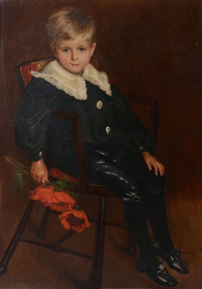 Portrait of a young boy seated holding poppies, traditionally understood to be James Dodds by Nelly Erichsen, 1896