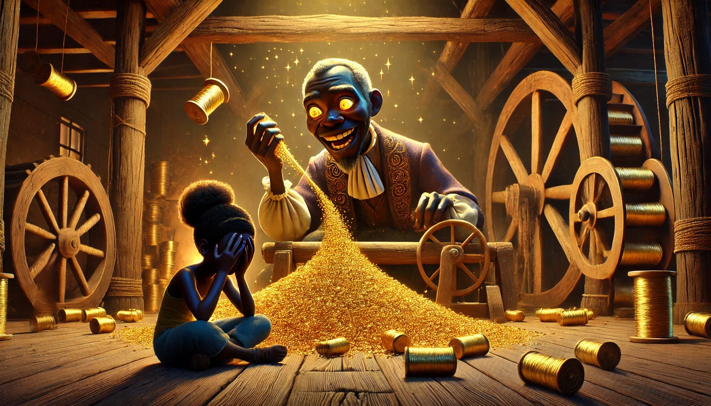 A 3D Pixar-style depiction of an African American version of Rumpelstiltskin inside an old wooden mill, magically spinning a young Black girl's stress into gold. The girl appears overwhelmed and stressed, sitting with her head in her hands, while Rumpelstiltskin mischievously collects her stress like strands of energy and weaves it into glowing gold thread. His eyes glow with magic, and he wears tattered yet elegant clothes with intricate golden embroidery. The setting is dimly lit, with warm golden light reflecting off piles of newly spun gold. The wooden beams and rustic machinery of the mill create a rich, atmospheric background. The image is in a cinematic 16:9 aspect ratio.