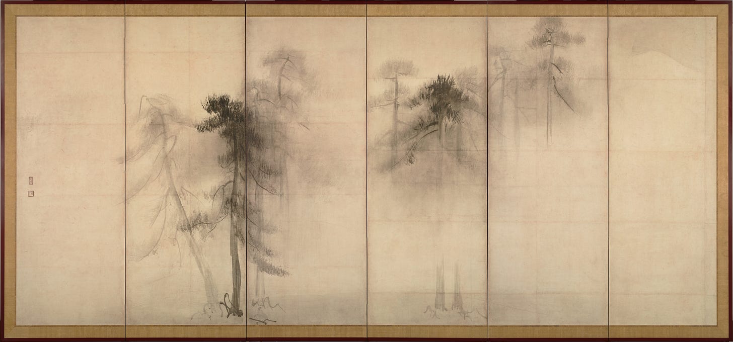 Japanese painting of trees with white space by Hasegawa Tohaku
