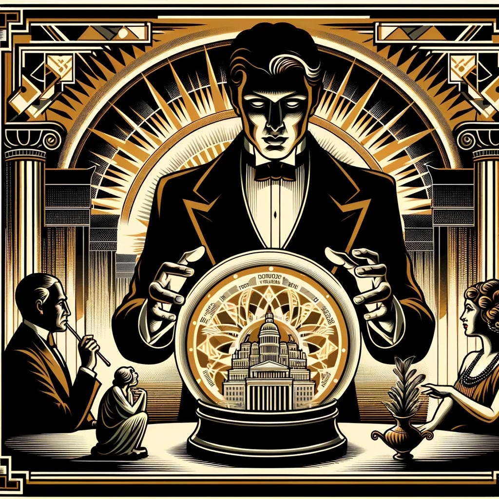 An art deco style illustration from the 1930s, depicting a political oracle attempting to predict the future. The scene is stylized and slightly creepy yet maintains an air of elegance. The oracle, dressed in period-appropriate attire, is surrounded by symbols of power and politics, with a crystal ball emitting a mysterious glow. Intricate geometric patterns typical of the art deco era adorn the background, enhancing the mystique of the scene.