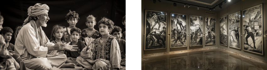 An elderly man in traditional attire storytelling to children on the left; on the right, a gallery showcasing large, dramatic black-and-white paintings.