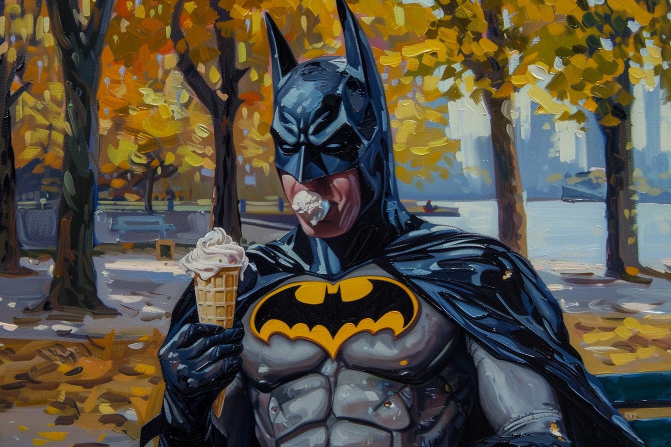 Batman eating ice cream in a park, naive art