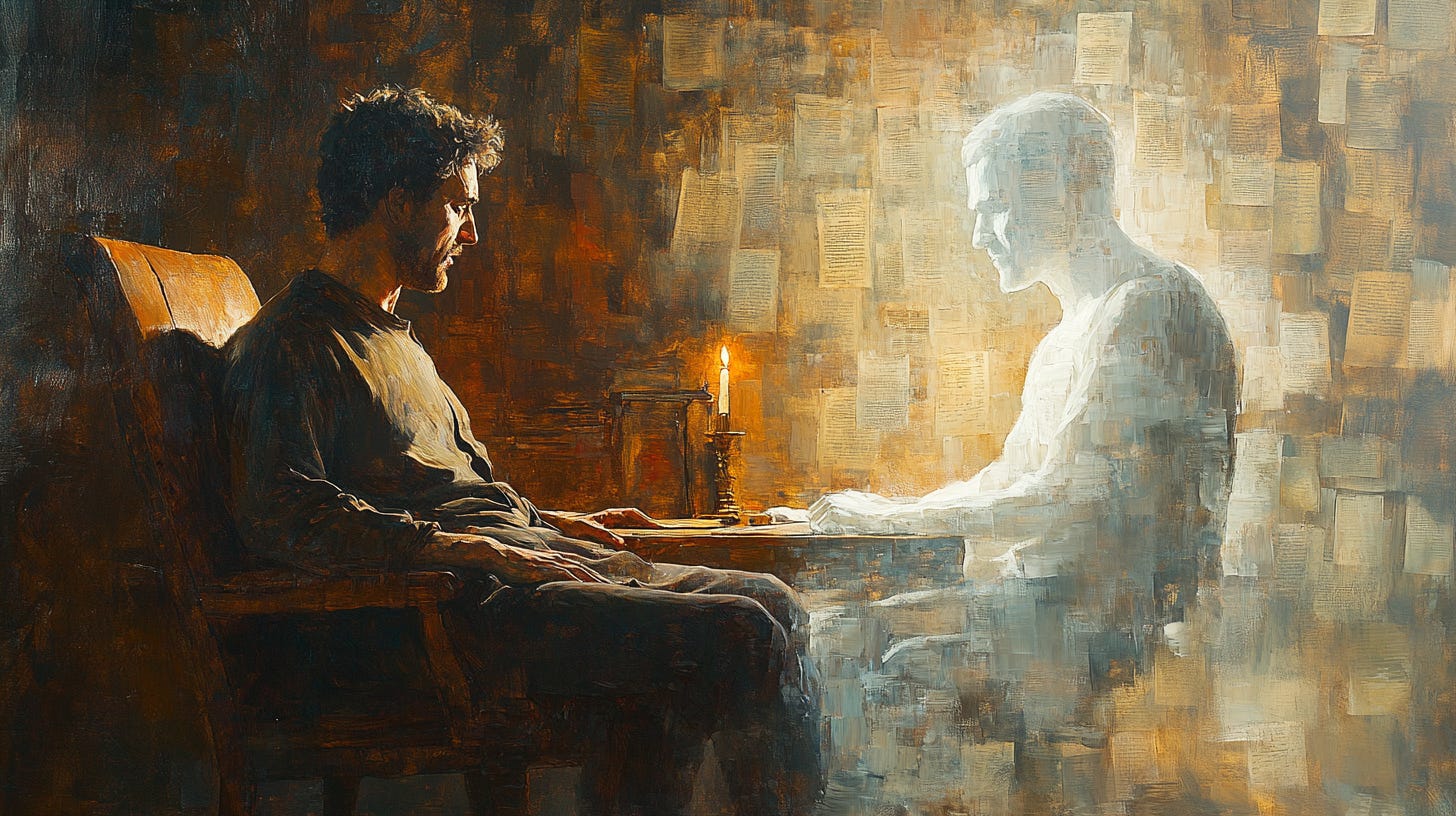 A man sits alone in a dimly lit room, facing a glowing, ghost-like version of himself across a small table with a candle between them. Surrounded by floating pages, the scene symbolizes a difficult inner dialogue, reflecting the emotional weight of confronting one's own thoughts, fears, and truths. Concept art for "Difficult Conversations with Yourself."
