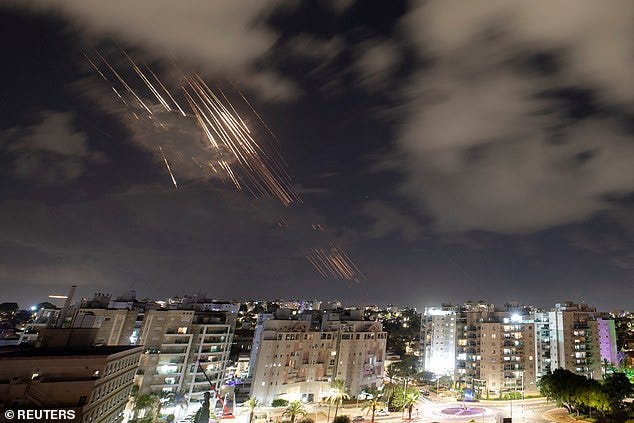 Israel's Iron Dome anti-missile system intercepts rockets, as seen from Ashkelon, Israel