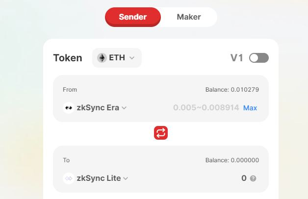 May be an image of text that says 'Sender Maker Token ETH From From V1 zkSync Era Balance: 0.010279 0.005~0.008914 Max To zkSync Lite Balance: Balance:0.000000 0.000000'