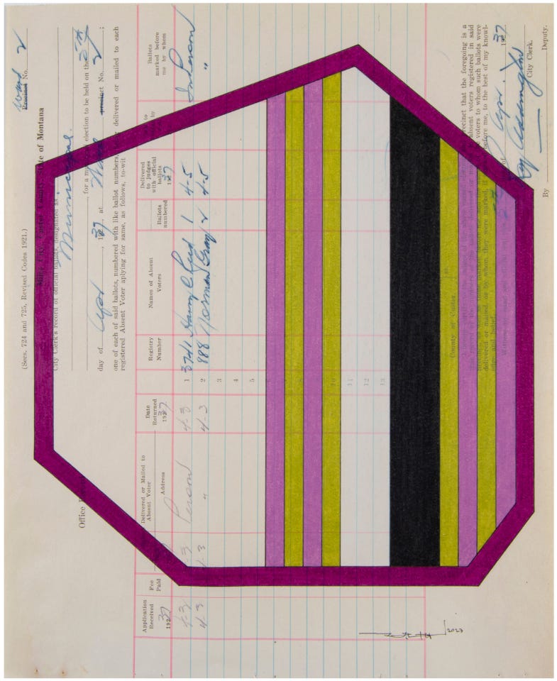 Terran Last Gun, Geological Anomaly Shape, (ink and colored pencil on “Miles City, Custer County, State of Montana, record of official ballots” ledger sheet (dated 1939); Watermark: White Feather Bond), 2023 [Good Luck Gallery, Kalispell, MT. © Terran Last Gun]