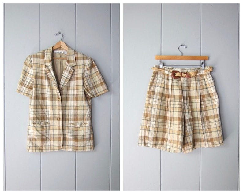 80s Plaid Blazer & Shorts Set Vintage Short Sleeve Shirt Jacket with Matching Pleated Plaid Shorts Linen Cotton Prep Shorts Blazer Outfit image 1