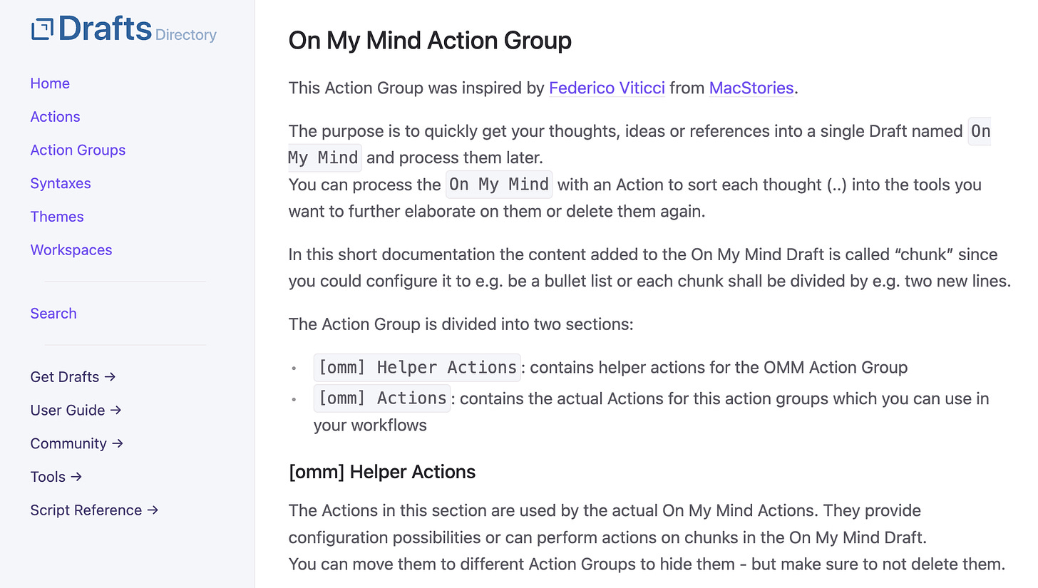 Screenshot of the Drafts On My Mind Action Group, found at https://directory.getdrafts.com/g/1yM