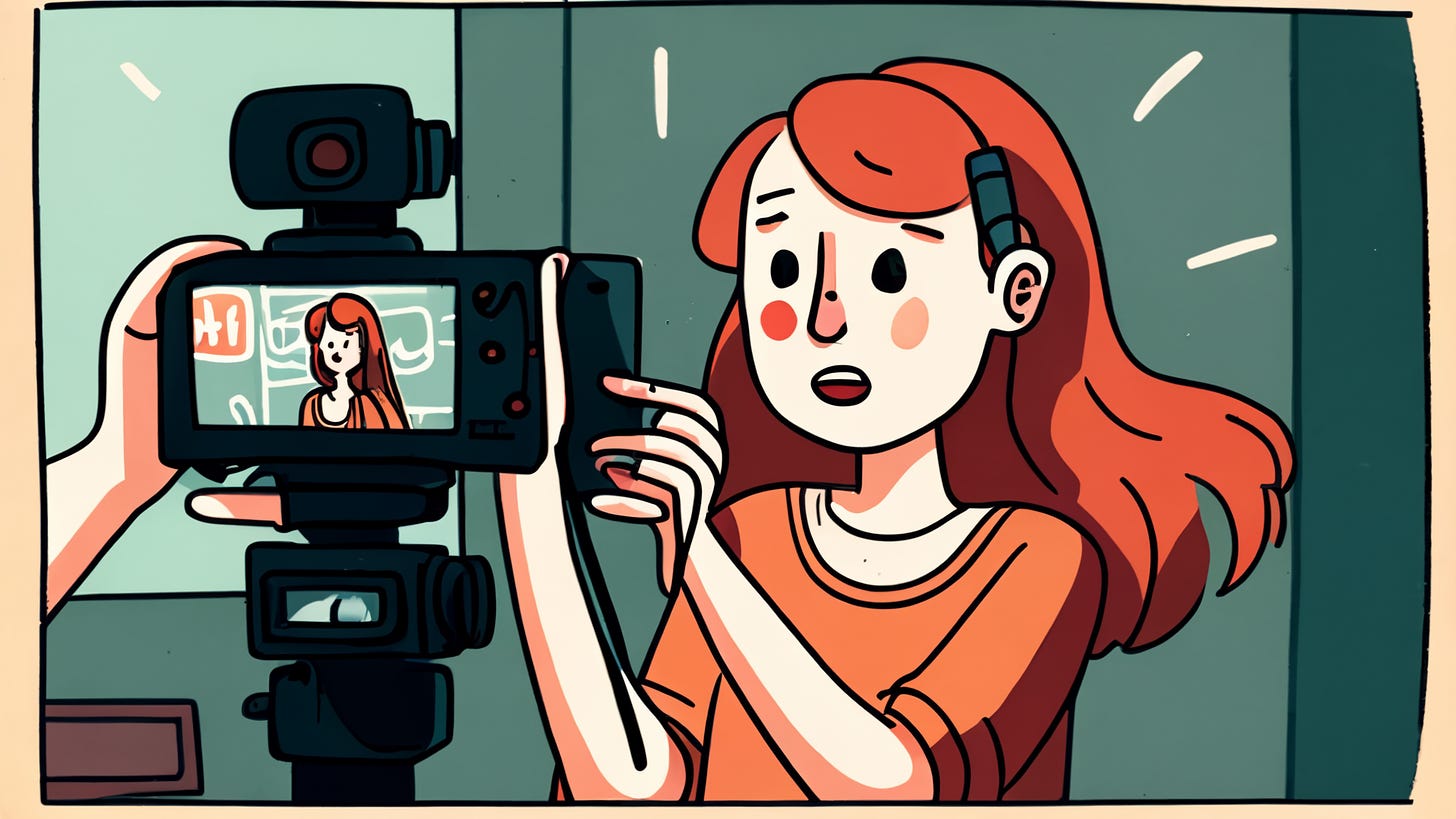 a shy influencer recording a video of themselves, illustration style,