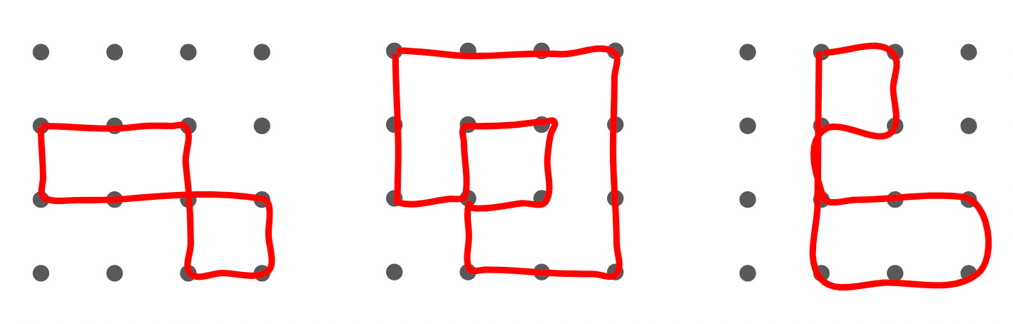 Left: 4-by-4 grid of dots. There's a red path shown, but it crosses over itself at one of the dots. Middle: Another 4-by-4 grid of dots. Another red polygonal path is shown, but two corners of the polygon coincide at a single point. Right:  Another 4-by-4 grid of dots. This path is not a polygon, as it traverses the same edge between two points twice.