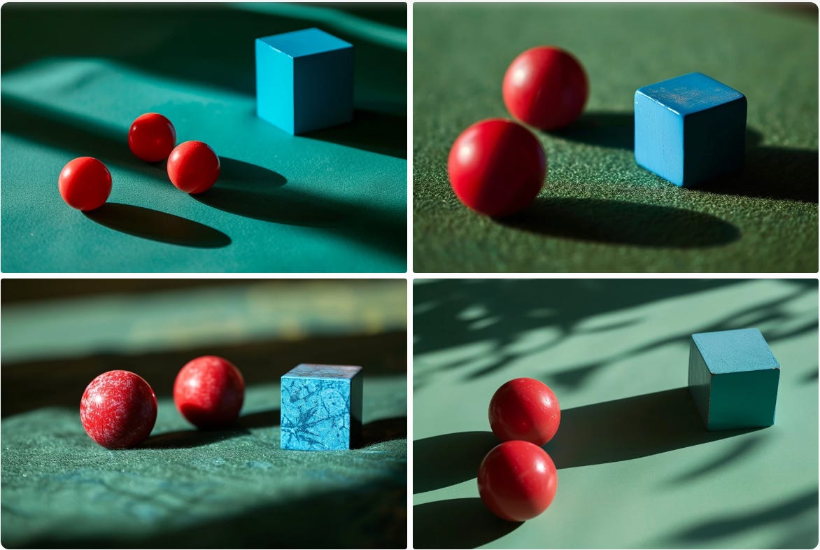 Two red balls and one blue cube on a green table - Midjourney V6