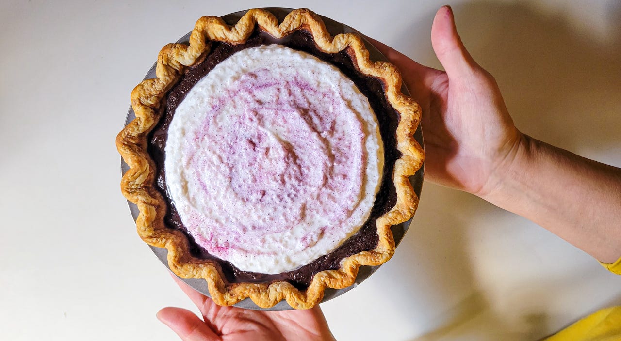 hands holding a purple and white pie