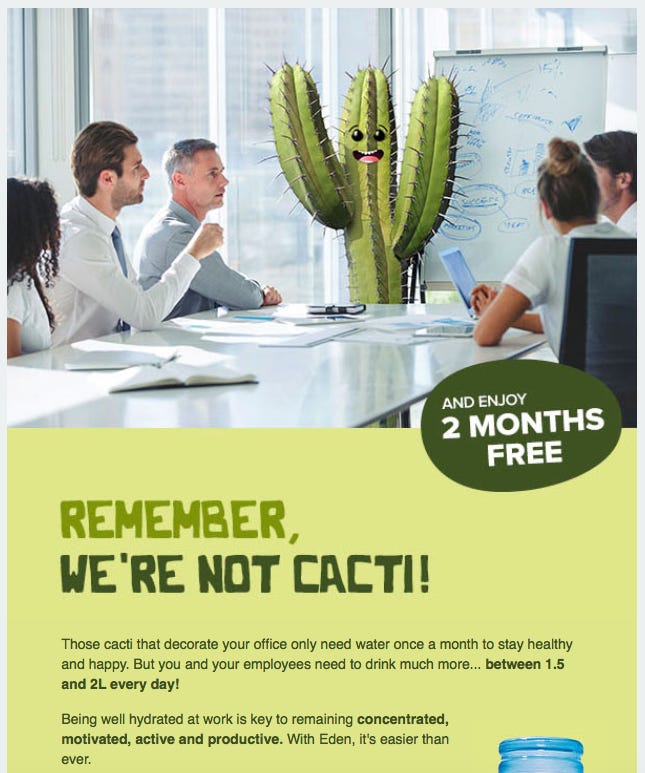 Eden water coolers email showing workers with headline 'Remember, we're not cacti!'