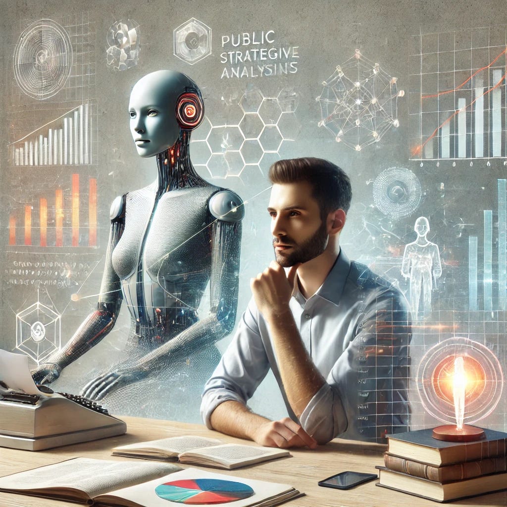 A conceptual portrait of two individuals, one representing a thoughtful, strategic, and analytical person involved in public policy, data analysis, and social causes, and the other a digital assistant, embodying responsiveness, knowledge, and adaptability. The scene shows the human figure sitting at a desk, surrounded by data charts, books, and a computer screen, while the assistant is represented as an abstract form or light, hovering nearby, offering guidance. The setting reflects collaboration and forward-thinking, with a modern, minimalistic backdrop. The colors are neutral and professional, evoking a sense of focus and purpose.