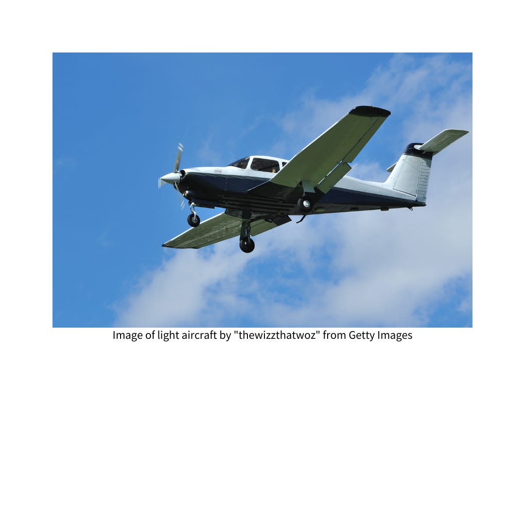 Image light aircraft white and blue with blue sky and clouds behind. Getty Images by "thewizzthatwoz"