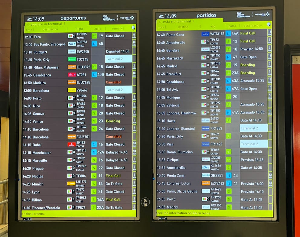 A photograph of a flights departure board at Lisbon airport