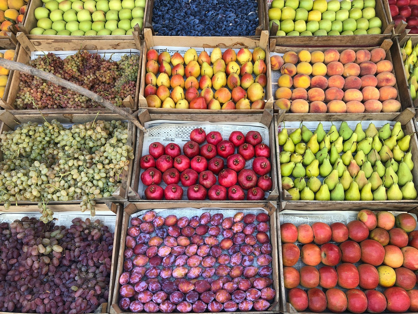 Colorful fruits in boxes