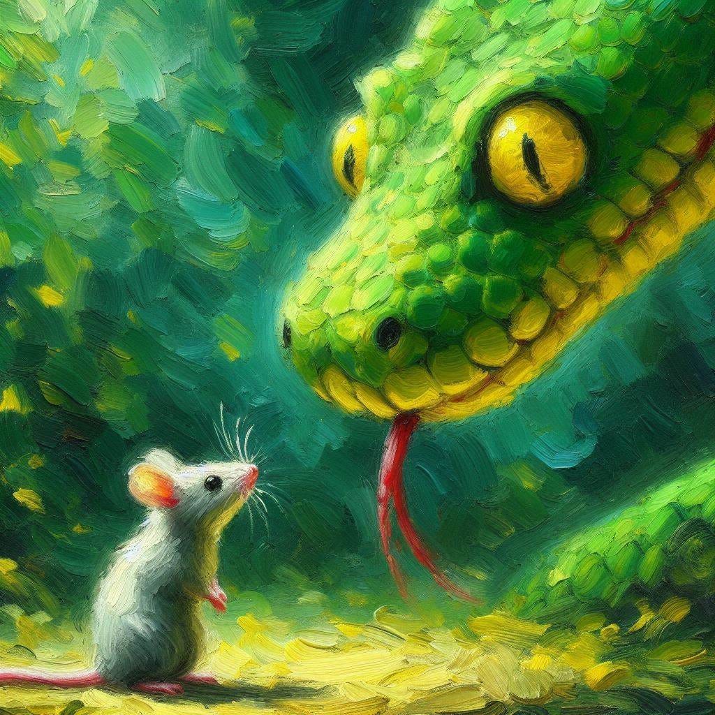 a little mouse is confronted by a large green snake with yellow eyes. Impressionist-style.