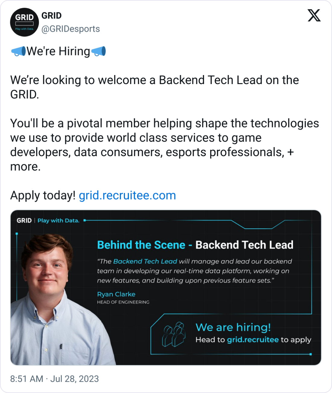 GRID @GRIDesports 📣We're Hiring📣  We’re looking to welcome a Backend Tech Lead on the GRID.  You'll be a pivotal member helping shape the technologies we use to provide world class services to game developers, data consumers, esports professionals, + more.  Apply today! https://grid.recruitee.com