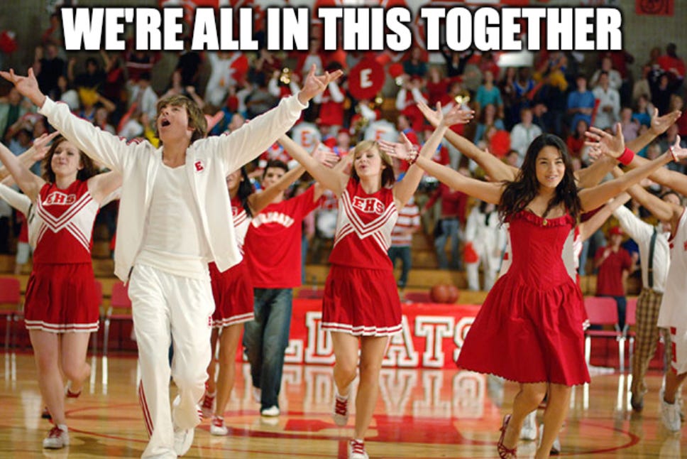 Ending scene from High School Musical. Troy, Gabriella and other students dancing and singing.
