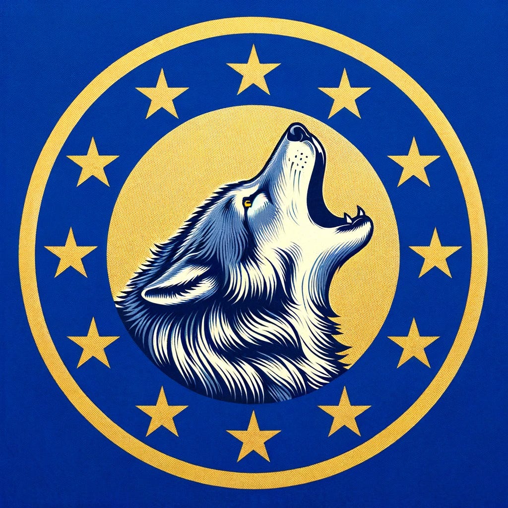 Design a third flag based on the European Union's motif but with an imaginative alteration. This flag features the classic circle of twelve gold stars on a royal blue backdrop, reminiscent of the EU flag. This time, place a howling wolf at the center of the circle. The wolf should be depicted with its head raised towards the sky, mouth open in mid-howl. The design should convey a sense of wilderness and strength, with detailed texture on the wolf's fur to enhance its appearance.